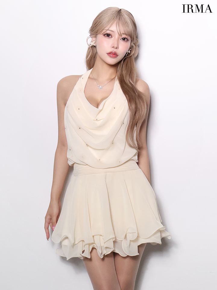 ホルターネック ティアード プリーツ フレアミニドレスのイメージ画像4