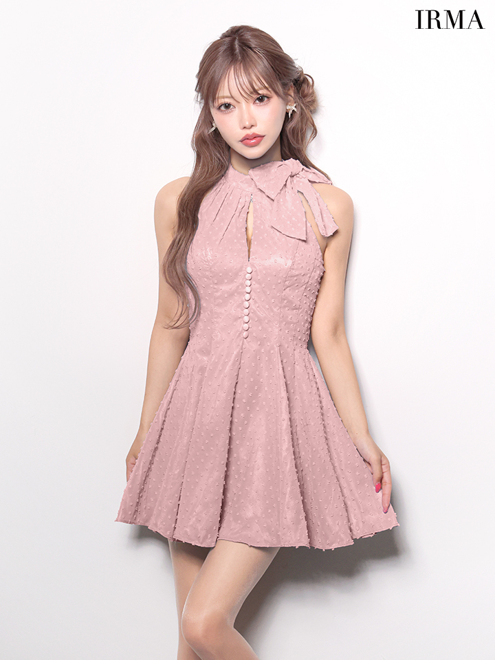 ホルターネック リボン バストカット ドット柄 シフォン プリーツ フレアミニドレスのイメージ画像3