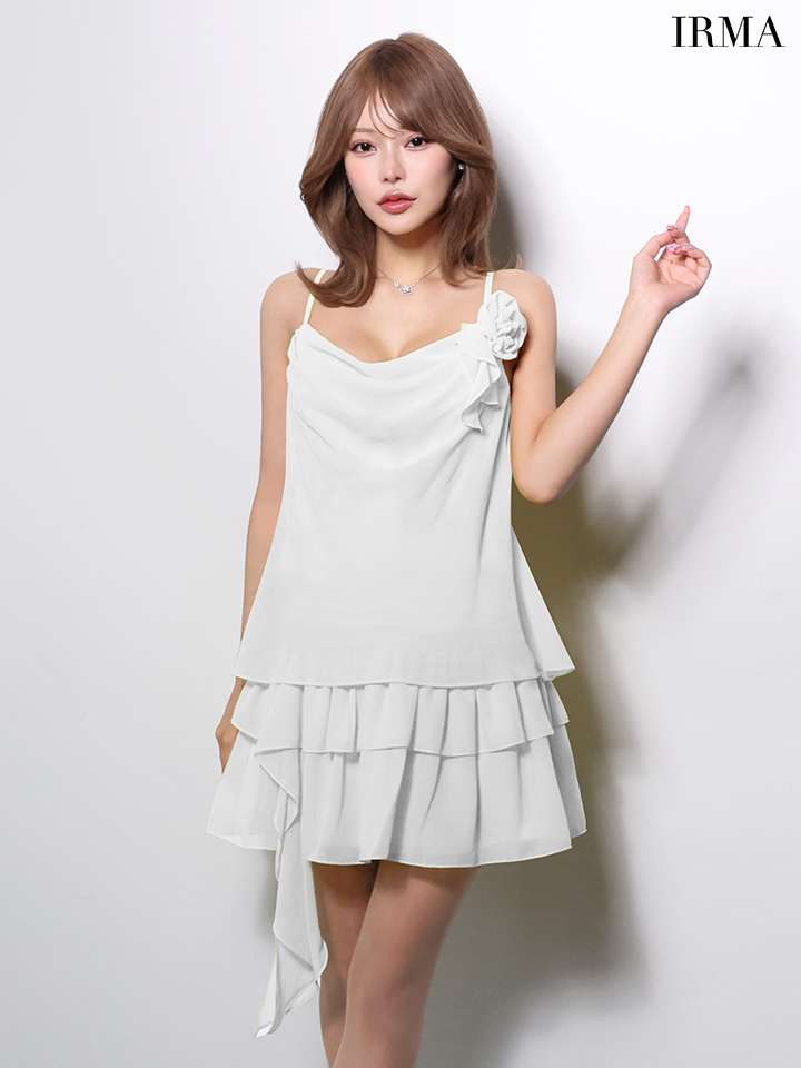 キャミソール ホルターネック リボン ビジュー パール シアーレース プリーツシフォン フレアミニドレスのイメージ画像5