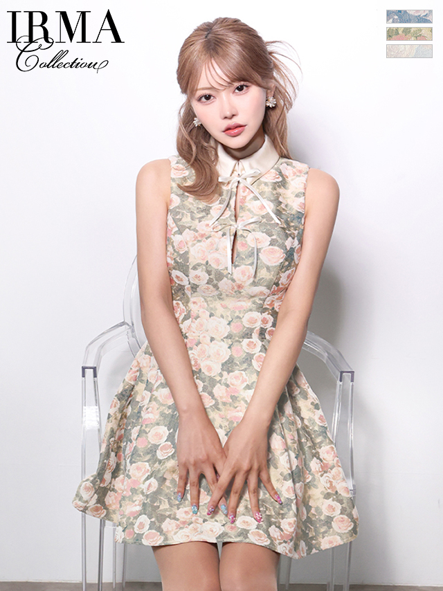 襟付き ノースリーブ カットデザイン リボン 花柄 フレアミニドレスのイメージ画像1