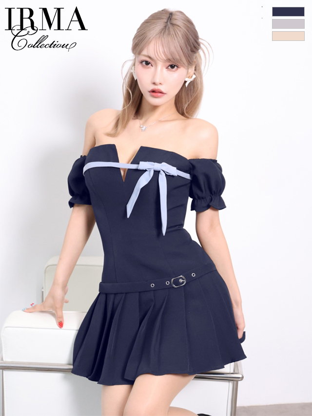 オフショルダー パフスリーブ バストカット リボン ベルトデザイン プリーツ フレアミニドレスのイメージ画像1