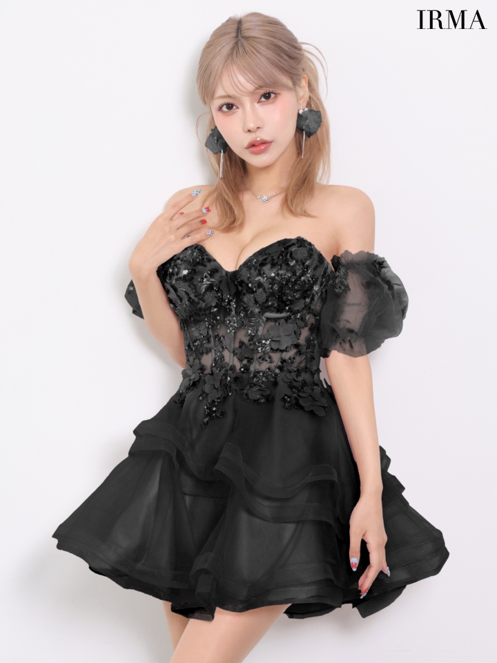 ベアトップ ハートカット パフスリーブ付き ウエストシアー バックスピンドル フラワー レース フレアミニドレスのイメージ画像6