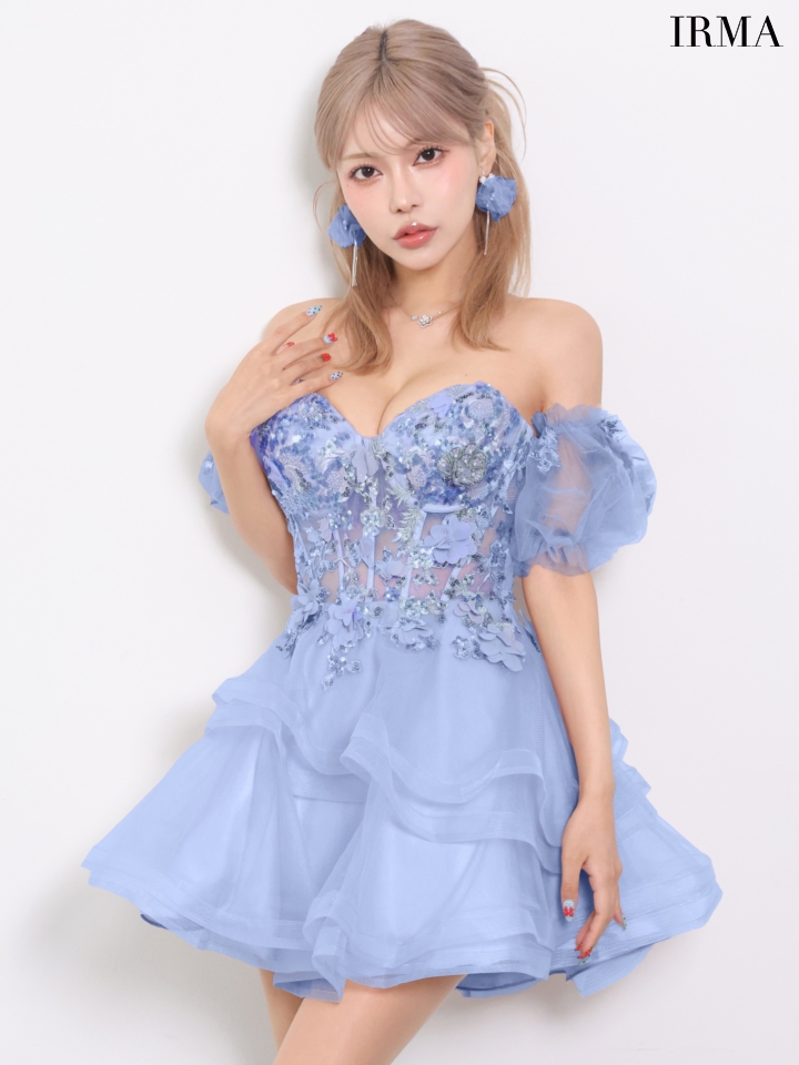 ベアトップ ハートカット パフスリーブ付き ウエストシアー バックスピンドル フラワー レース フレアミニドレスのイメージ画像5