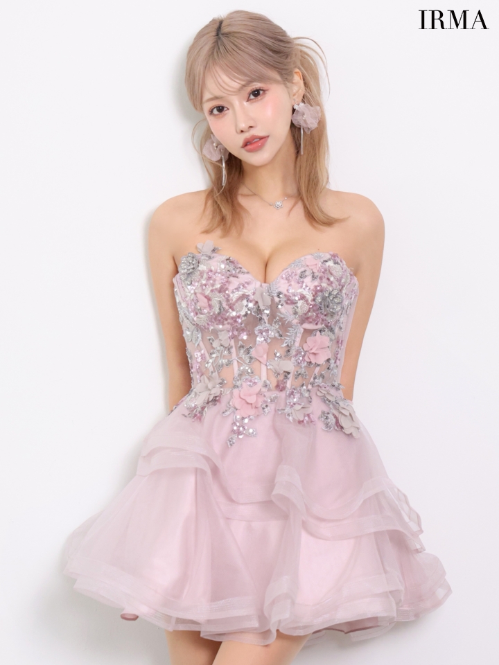 ベアトップ ハートカット パフスリーブ付き ウエストシアー バックスピンドル フラワー レース フレアミニドレスのイメージ画像7