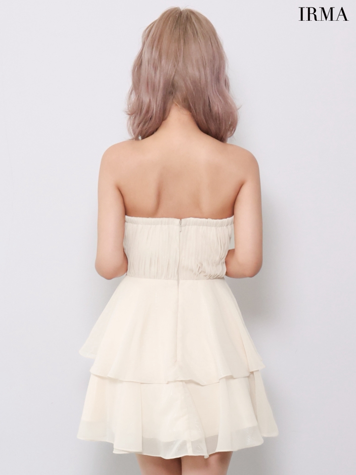 ベアトップ ティアード シフォン ビジュー リボン フレアミニドレスのイメージ画像8