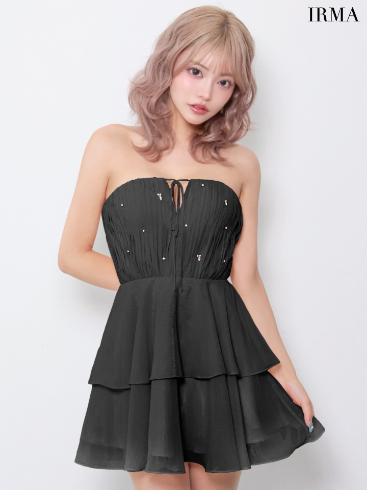 ベアトップ ティアード シフォン ビジュー リボン フレアミニドレスのイメージ画像4