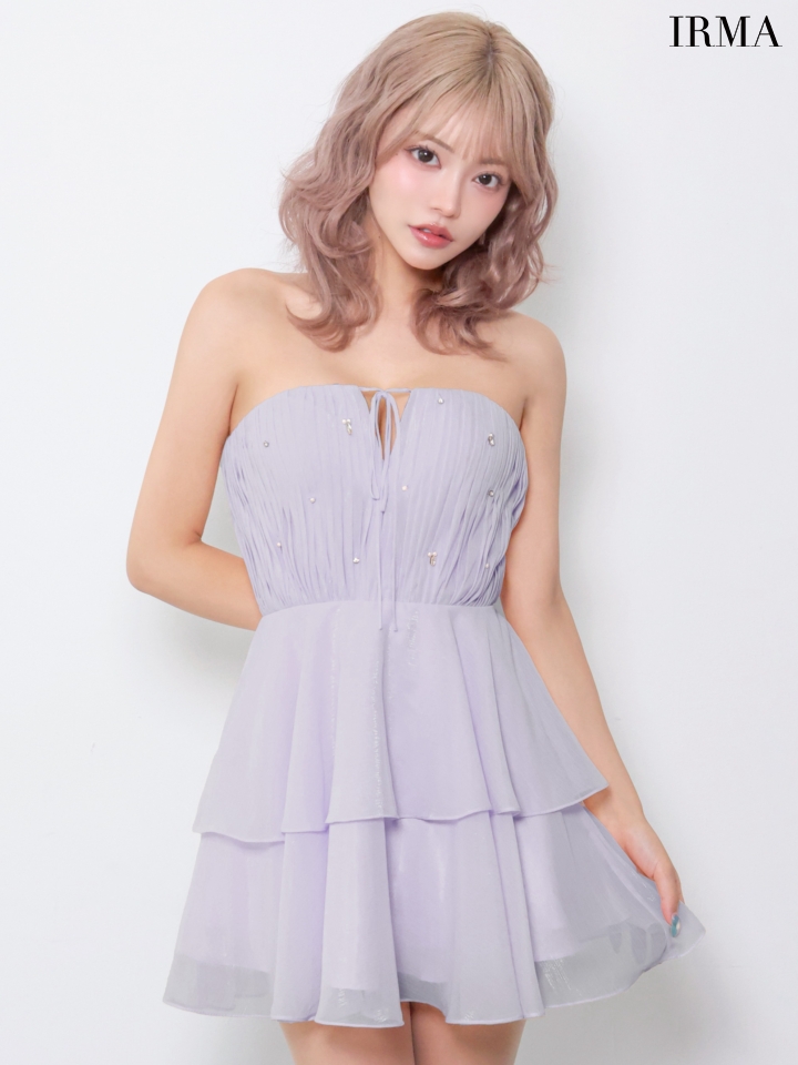 ベアトップ ティアード シフォン ビジュー リボン フレアミニドレスのイメージ画像6