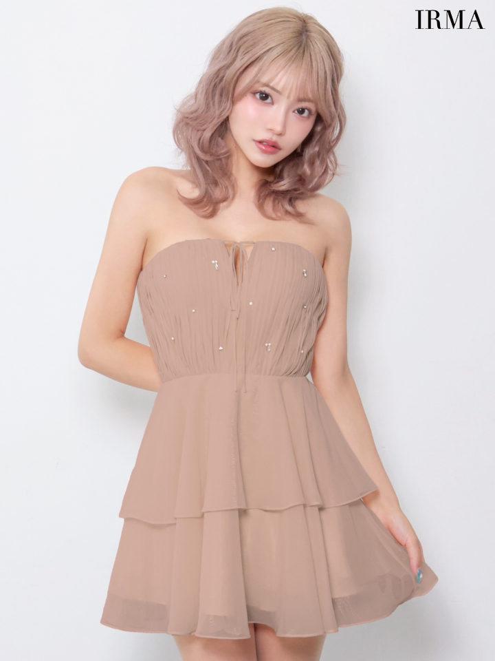 ベアトップ ティアード シフォン ビジュー リボン フレアミニドレスのイメージ画像5