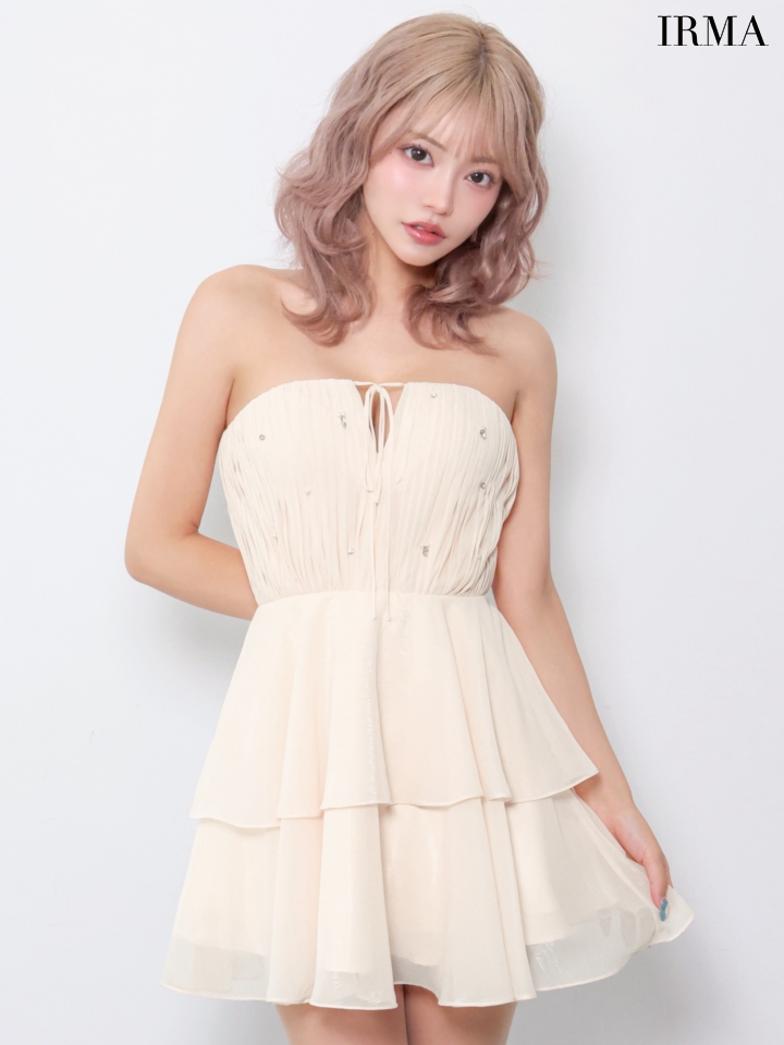 ベアトップ ティアード シフォン ビジュー リボン フレアミニドレスのイメージ画像3
