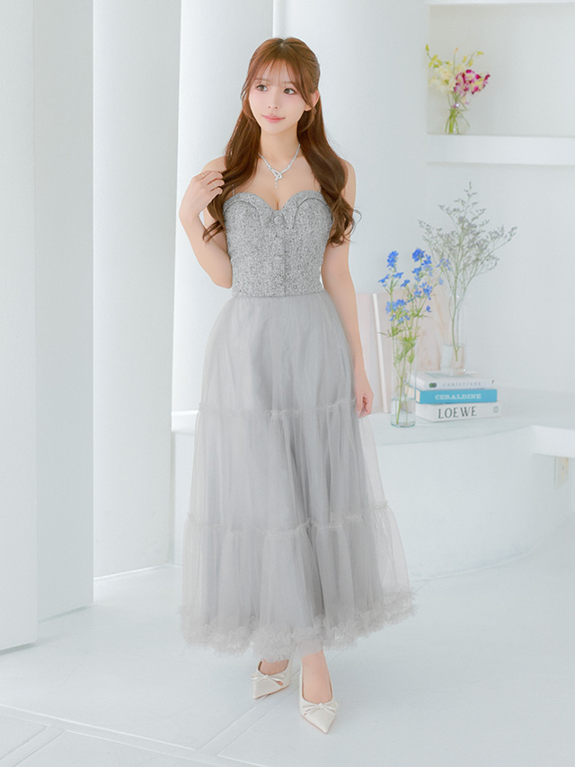 キャミソール ハートカット フロントボタン ツイード シフォンスカート セットアップ Aラインロングドレスのイメージ画像1