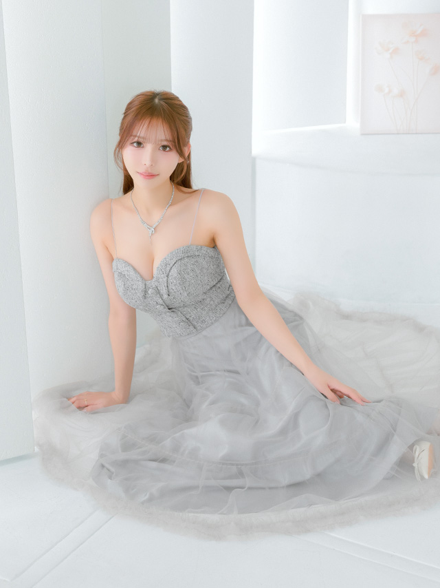 キャミソール ハートカット フロントボタン ツイード シフォンスカート セットアップ Aラインロングドレスのイメージ画像2