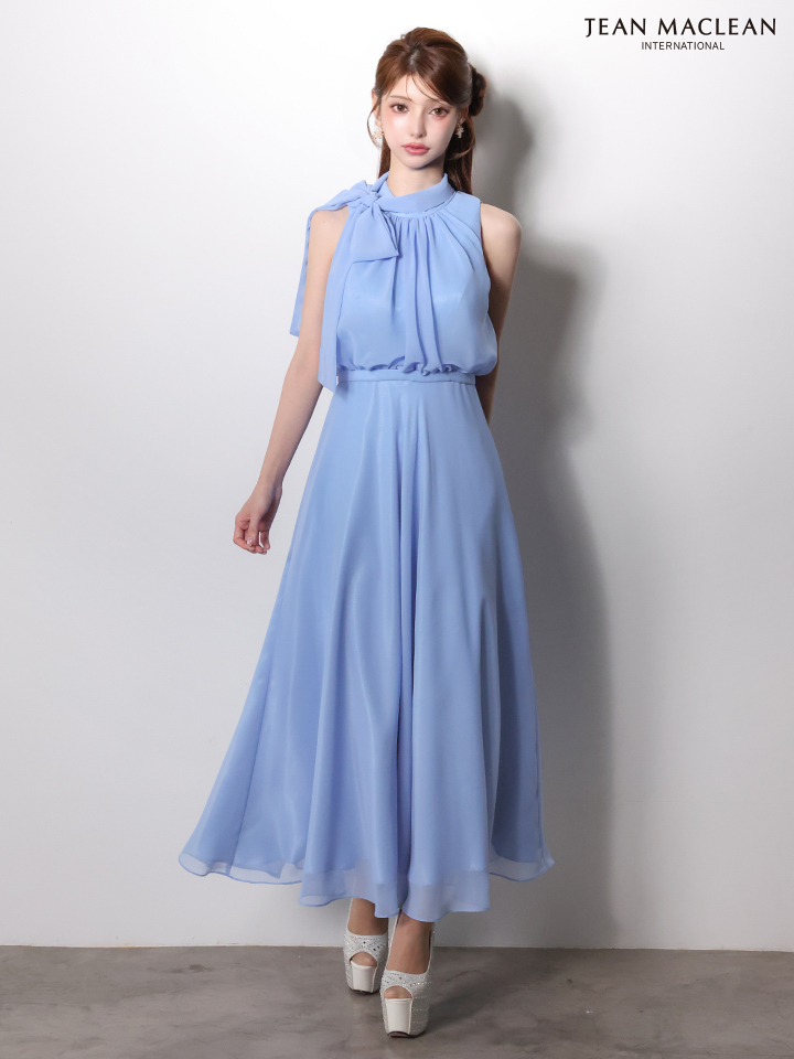 ノースリーブ ネックリボン シフォン ウエストマーク シンプル ワンカラー Aラインロングドレスのイメージ画像2