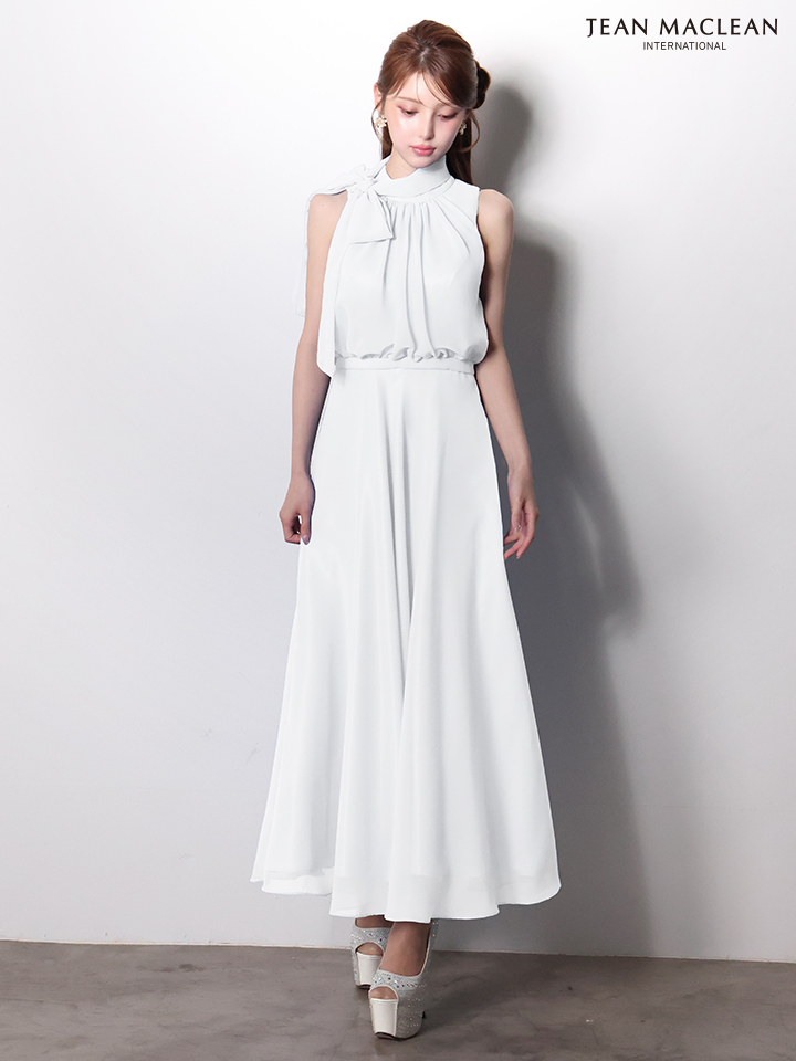 ノースリーブ ネックリボン シフォン ウエストマーク シンプル ワンカラー Aラインロングドレスのイメージ画像3