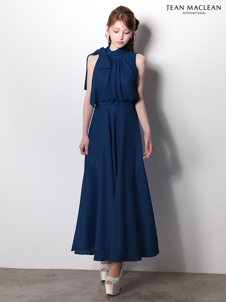 ノースリーブ ネックリボン シフォン ウエストマーク シンプル ワンカラー Aラインロングドレスのイメージ画像5