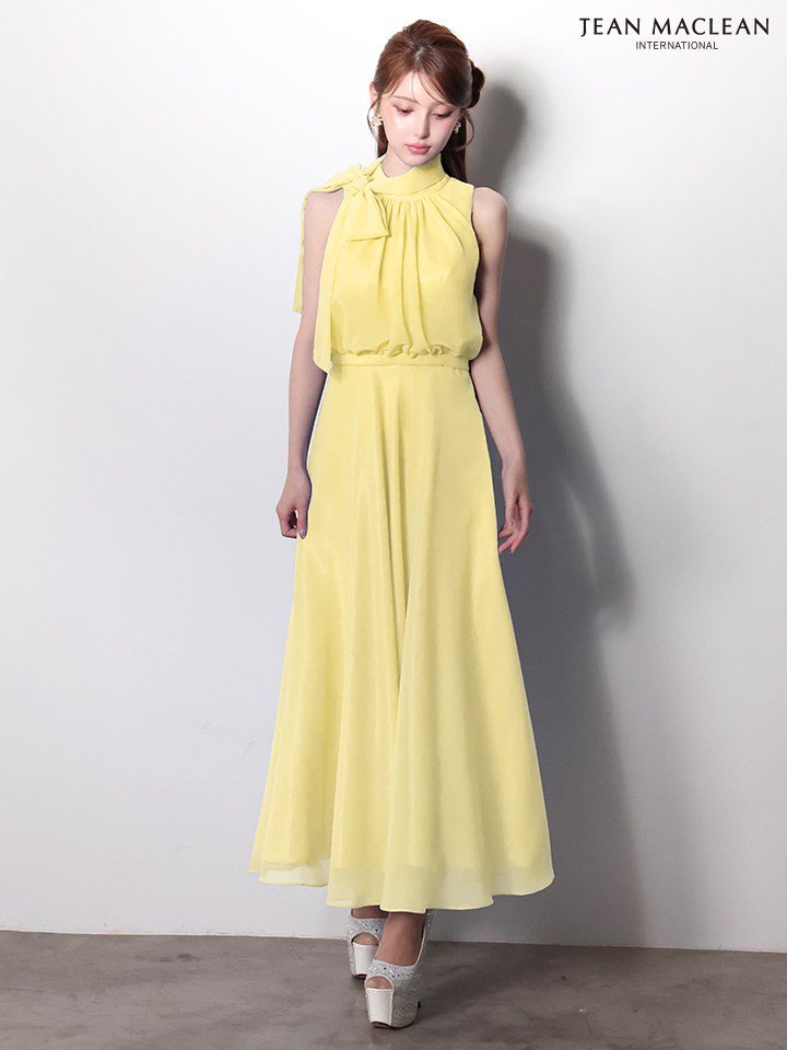 ノースリーブ ネックリボン シフォン ウエストマーク シンプル ワンカラー Aラインロングドレスのイメージ画像4