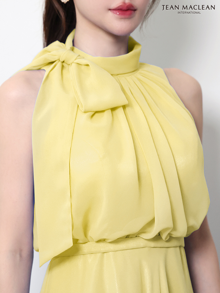 ノースリーブ ネックリボン シフォン ウエストマーク シンプル ワンカラー Aラインロングドレスのイメージ画像8