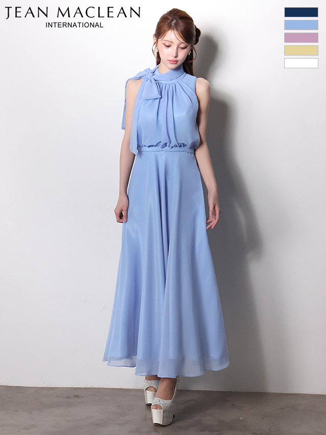 ノースリーブ ネックリボン シフォン ウエストマーク シンプル ワンカラー Aラインロングドレスのイメージ画像1