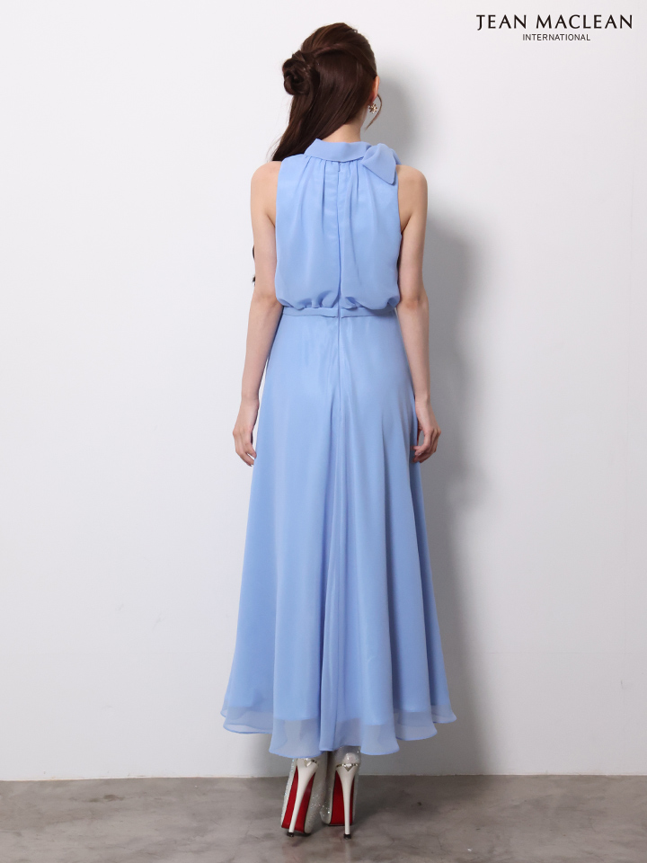 ノースリーブ ネックリボン シフォン ウエストマーク シンプル ワンカラー Aラインロングドレスのイメージ画像7