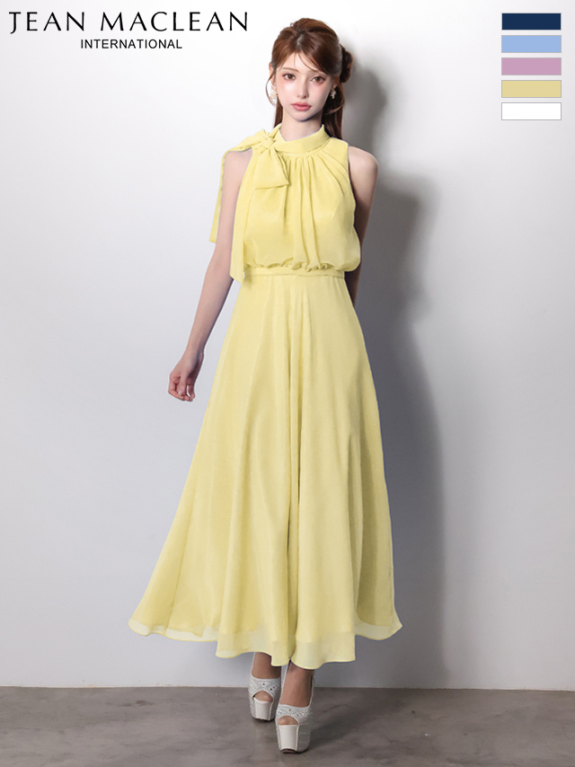 ノースリーブ ネックリボン シフォン ウエストマーク シンプル ワンカラー Aラインロングドレスのイメージ画像1