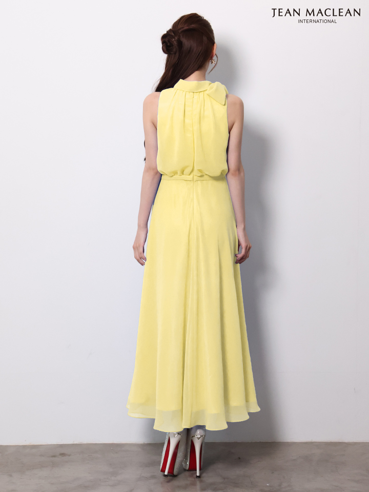 ノースリーブ ネックリボン シフォン ウエストマーク シンプル ワンカラー Aラインロングドレスのイメージ画像7