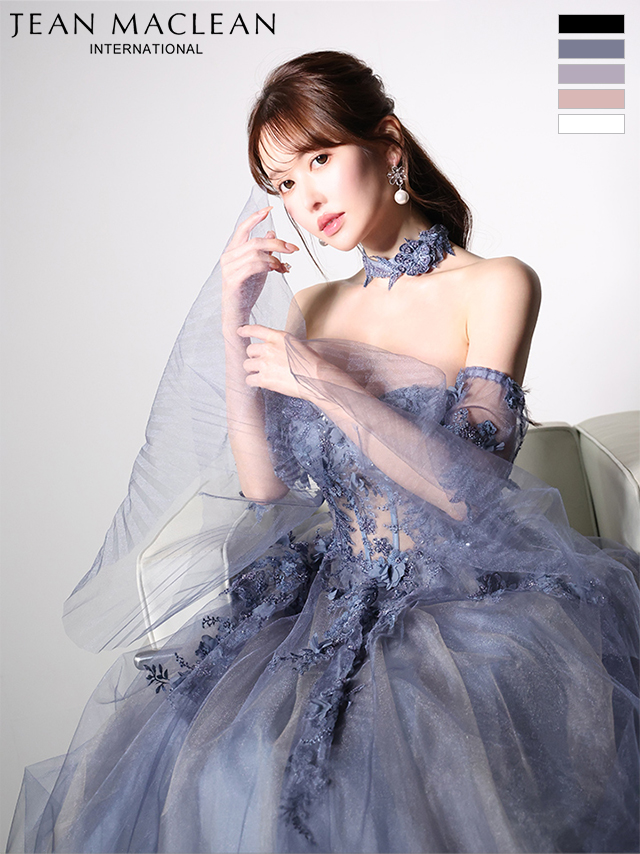 ベアトップ 袖付き 長袖 チョーカー フレアスリーブ バックスピンドル Aラインロングドレスのイメージ画像1