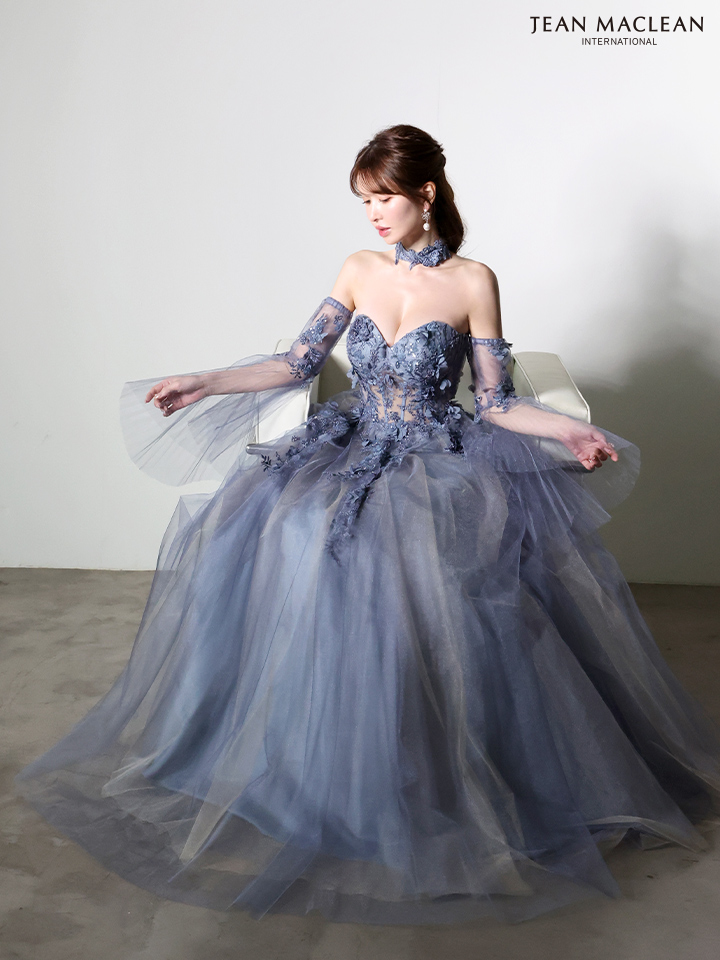 ベアトップ 袖付き 長袖 チョーカー フレアスリーブ バックスピンドル Aラインロングドレスのイメージ画像2