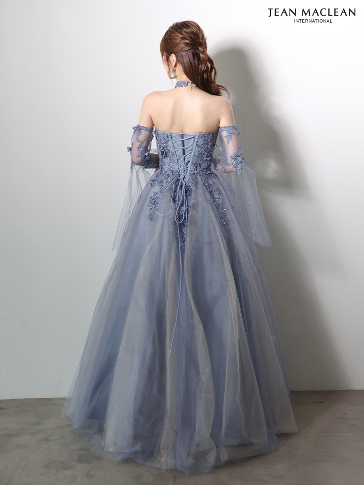 ベアトップ 袖付き 長袖 チョーカー フレアスリーブ バックスピンドル Aラインロングドレスのイメージ画像8