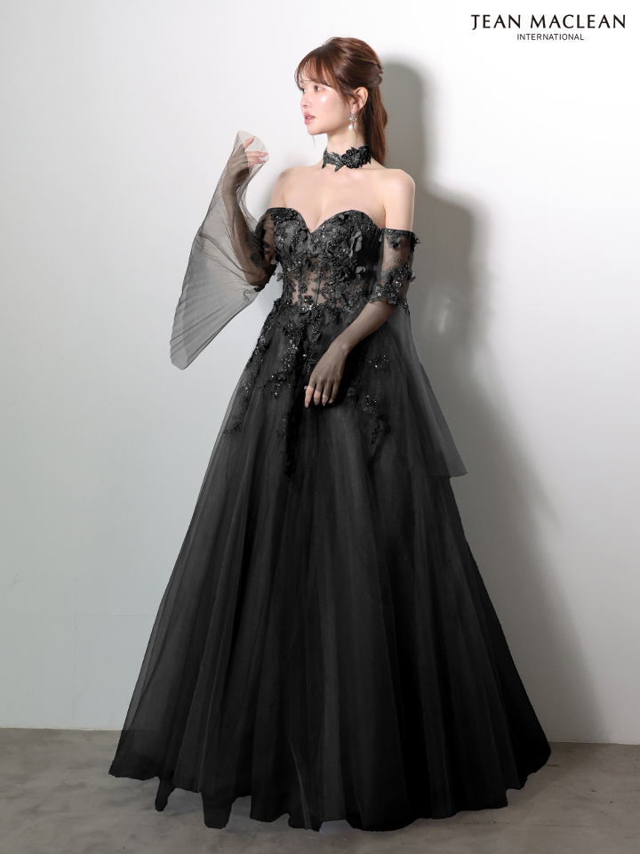 ベアトップ 袖付き 長袖 チョーカー フレアスリーブ バックスピンドル Aラインロングドレスのイメージ画像7