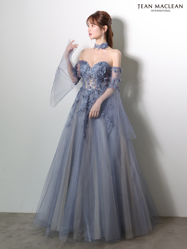 ベアトップ 袖付き 長袖 チョーカー フレアスリーブ バックスピンドル Aラインロングドレスのイメージ画像3