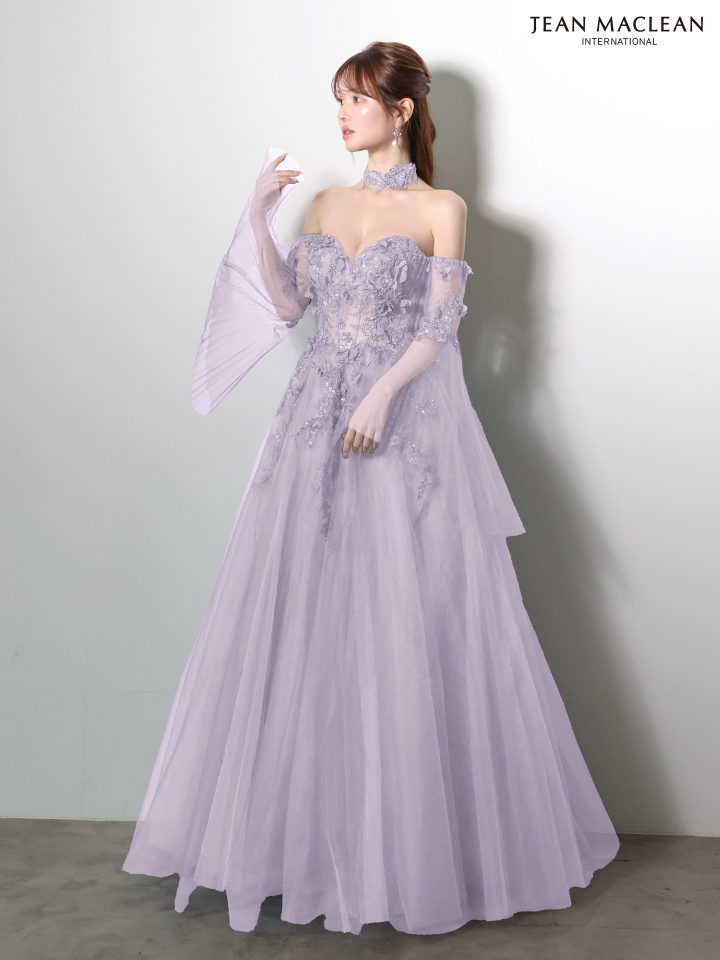 ベアトップ 袖付き 長袖 チョーカー フレアスリーブ バックスピンドル Aラインロングドレスのイメージ画像4