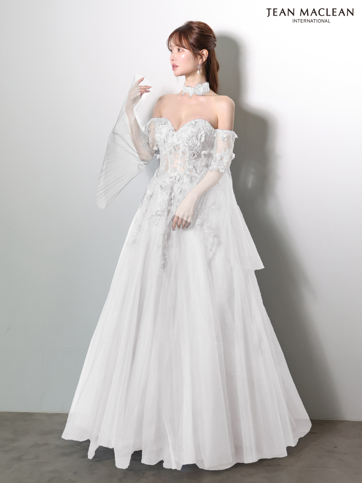 ベアトップ 袖付き 長袖 チョーカー フレアスリーブ バックスピンドル Aラインロングドレスのイメージ画像6