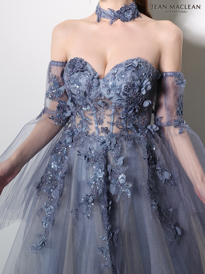 ベアトップ 袖付き 長袖 チョーカー フレアスリーブ バックスピンドル Aラインロングドレスのイメージ画像10