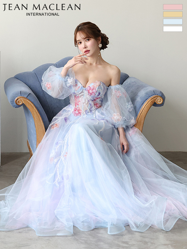 ベアトップ フラワーレース 長袖 パフスリーブ レースアップ バースデー Aラインロングドレスのイメージ画像1