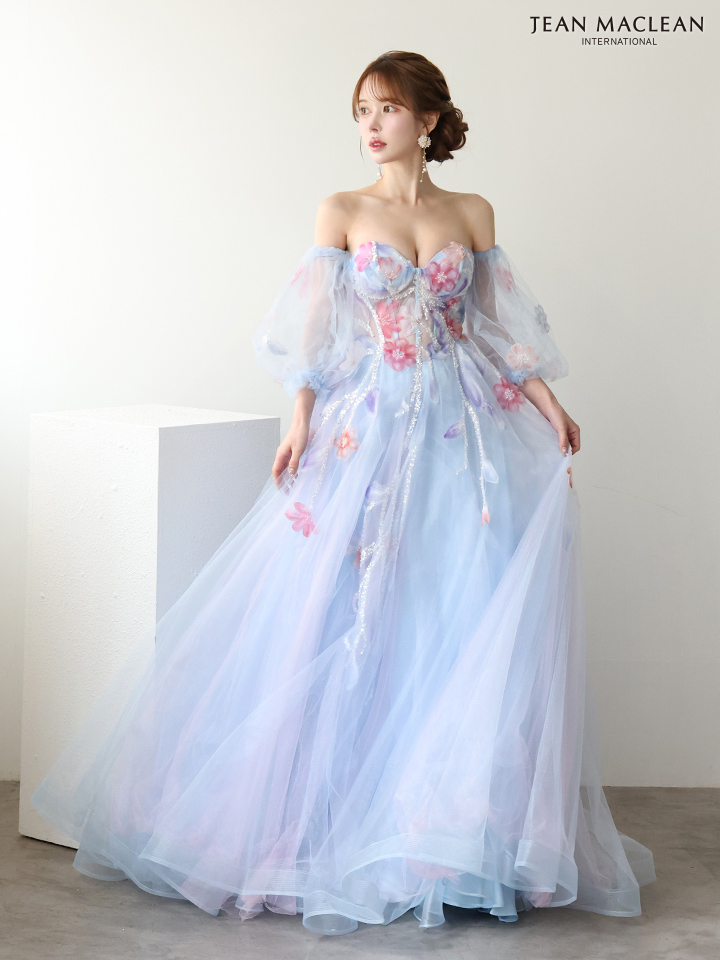 ベアトップ フラワーレース 長袖 パフスリーブ レースアップ バースデー Aラインロングドレスのイメージ画像2