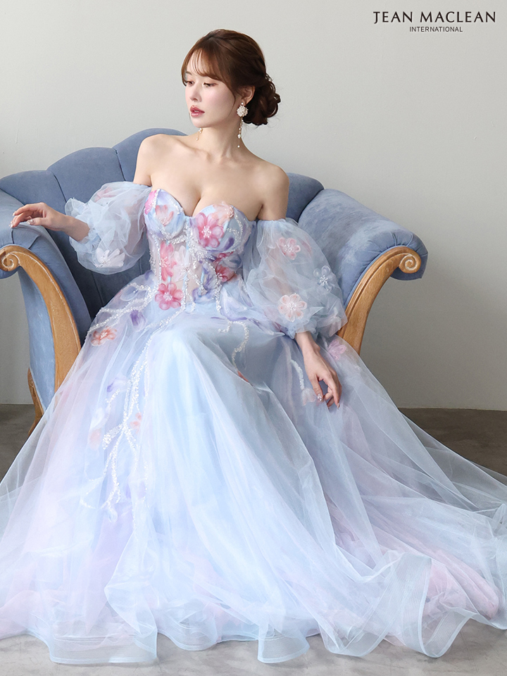 ベアトップ フラワーレース 長袖 パフスリーブ レースアップ バースデー Aラインロングドレスのイメージ画像3