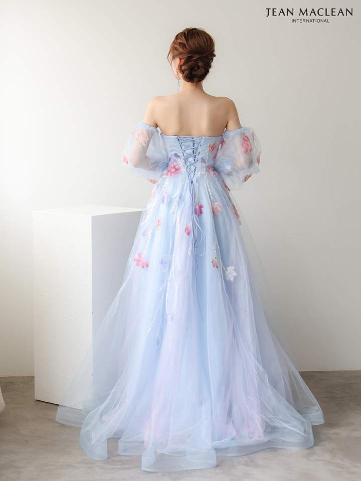 ベアトップ フラワーレース 長袖 パフスリーブ レースアップ バースデー Aラインロングドレスのイメージ画像10