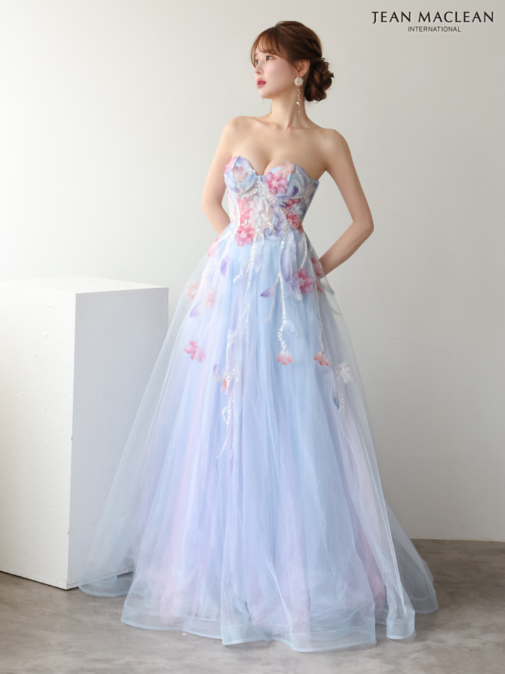 ベアトップ フラワーレース 長袖 パフスリーブ レースアップ バースデー Aラインロングドレスのイメージ画像9