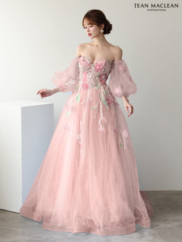 ベアトップ フラワーレース 長袖 パフスリーブ レースアップ バースデー Aラインロングドレスのイメージ画像8