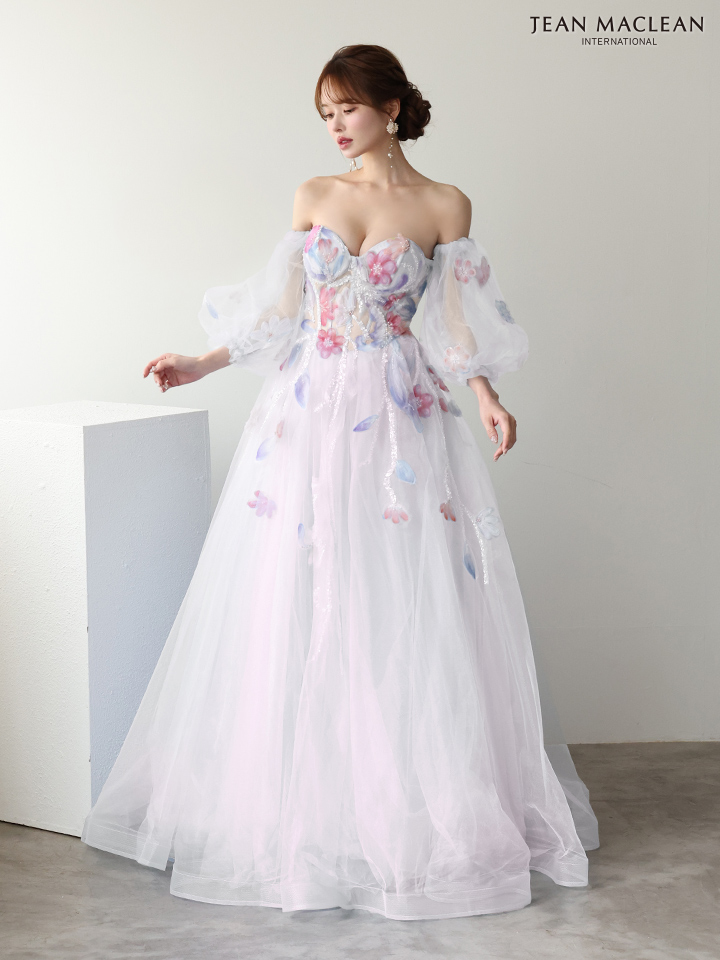 ベアトップ フラワーレース 長袖 パフスリーブ レースアップ バースデー Aラインロングドレスのイメージ画像6