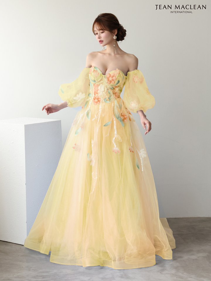 ベアトップ フラワーレース 長袖 パフスリーブ レースアップ バースデー Aラインロングドレスのイメージ画像7