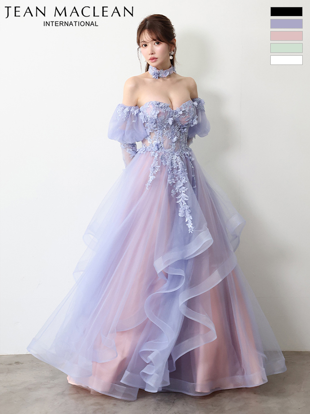 ベアトップ フラワーレース 長袖 パフスリーブ チョーカー付き バースデー Aラインロングドレスのイメージ画像1