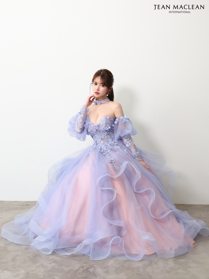 ベアトップ フラワーレース 長袖 パフスリーブ チョーカー付き バースデー Aラインロングドレスのイメージ画像2