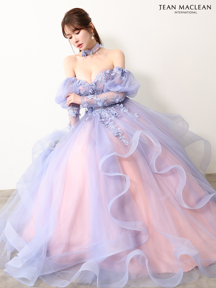 ベアトップ フラワーレース 長袖 パフスリーブ チョーカー付き バースデー Aラインロングドレスのイメージ画像3