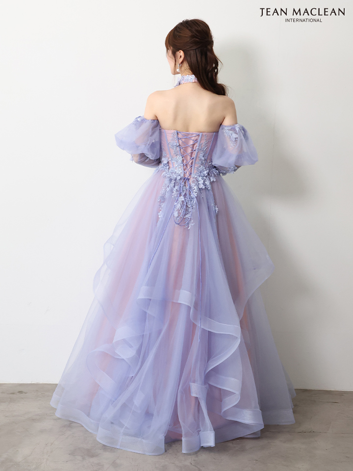 ベアトップ フラワーレース 長袖 パフスリーブ チョーカー付き バースデー Aラインロングドレスのイメージ画像10