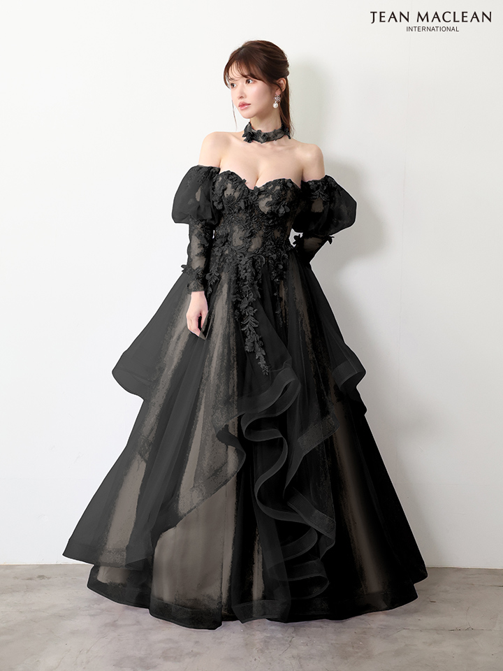 ベアトップ フラワーレース 長袖 パフスリーブ チョーカー付き バースデー Aラインロングドレスのイメージ画像7