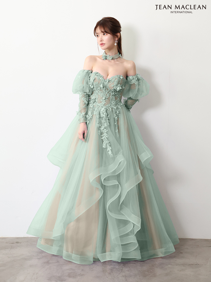 ベアトップ フラワーレース 長袖 パフスリーブ チョーカー付き バースデー Aラインロングドレスのイメージ画像8