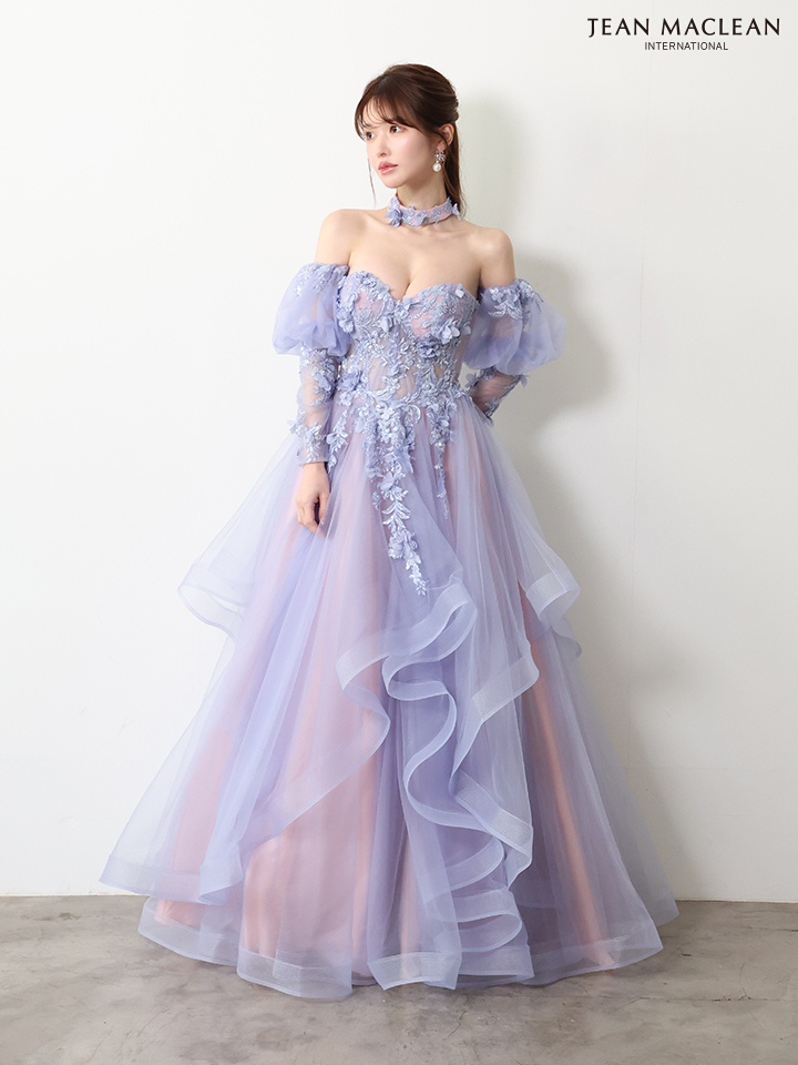 ベアトップ フラワーレース 長袖 パフスリーブ チョーカー付き バースデー Aラインロングドレスのイメージ画像4