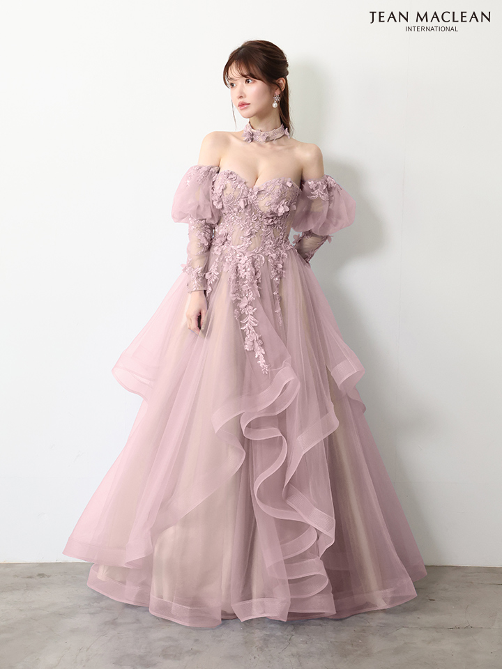 ベアトップ フラワーレース 長袖 パフスリーブ チョーカー付き バースデー Aラインロングドレスのイメージ画像5