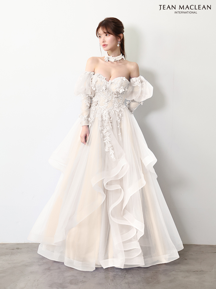 ベアトップ フラワーレース 長袖 パフスリーブ チョーカー付き バースデー Aラインロングドレスのイメージ画像6