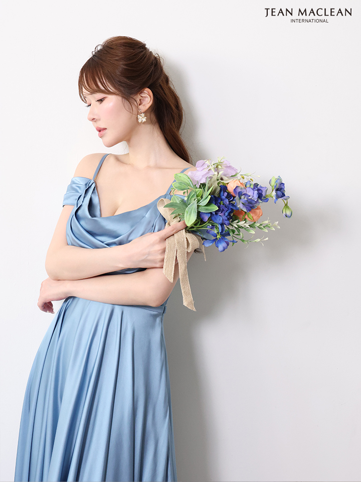 ベアトップ フラワーレース 長袖 パフスリーブ レースアップ バースデー Aラインロングドレスのイメージ画像2